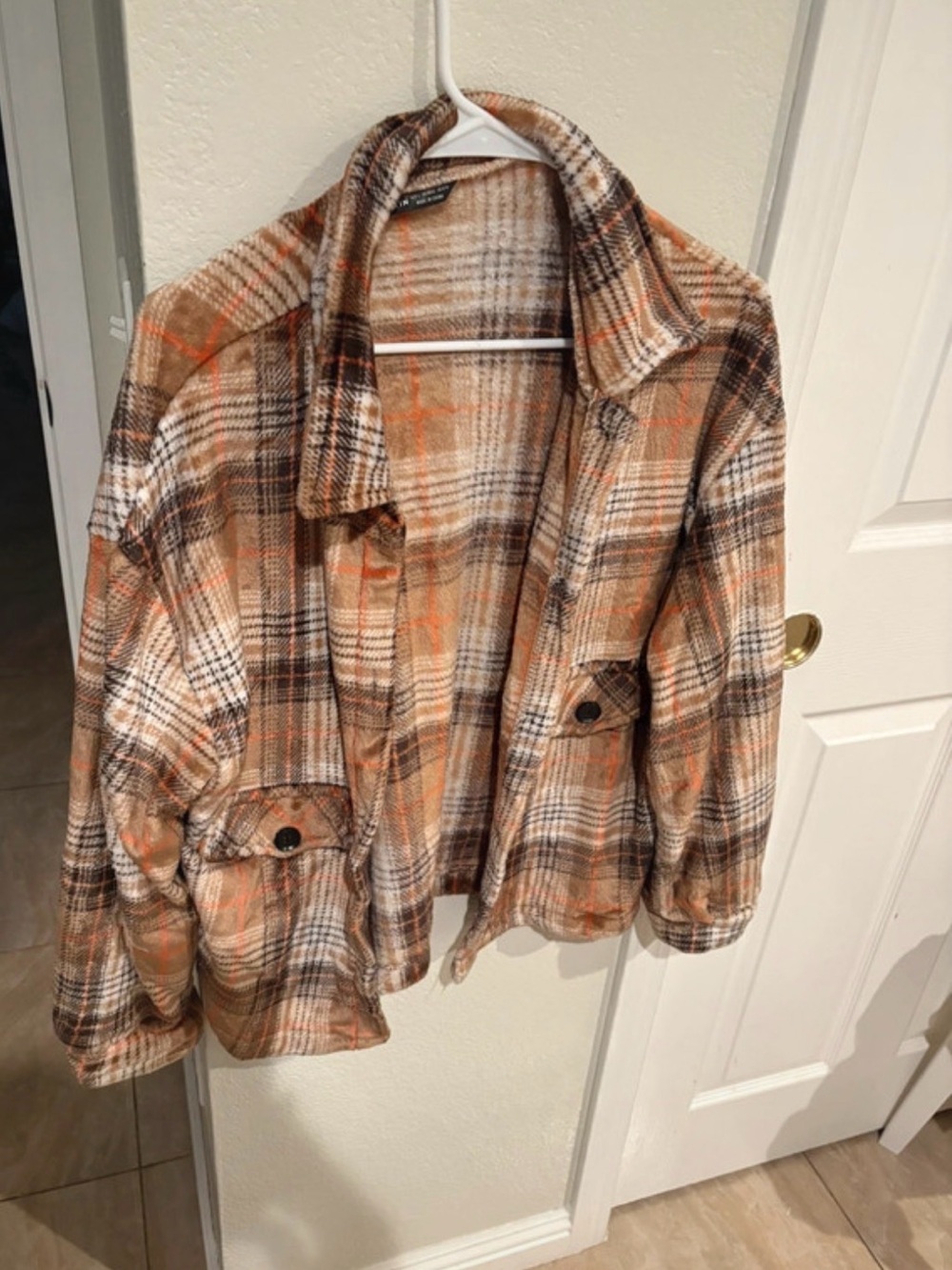 SHEIN Tan, Orange & Brown Plaid Teddy Jacket